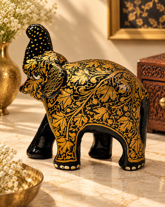 black-gold-chinar-leaf-trunk-up-handmade-kashmiri-paper-mache-elephant