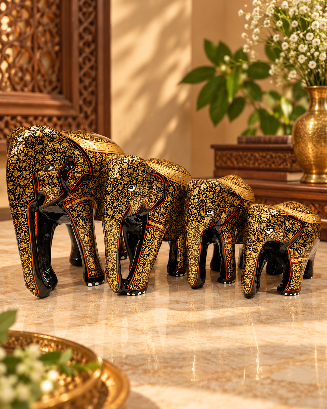 black-gold-floral-handmade-kashmiri-paper-mache-elephant-set-of-4