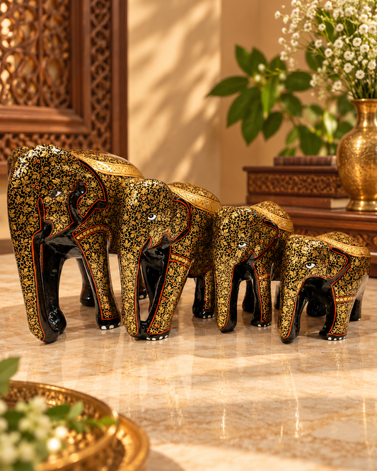 black-gold-floral-handmade-kashmiri-paper-mache-elephant-set-of-4