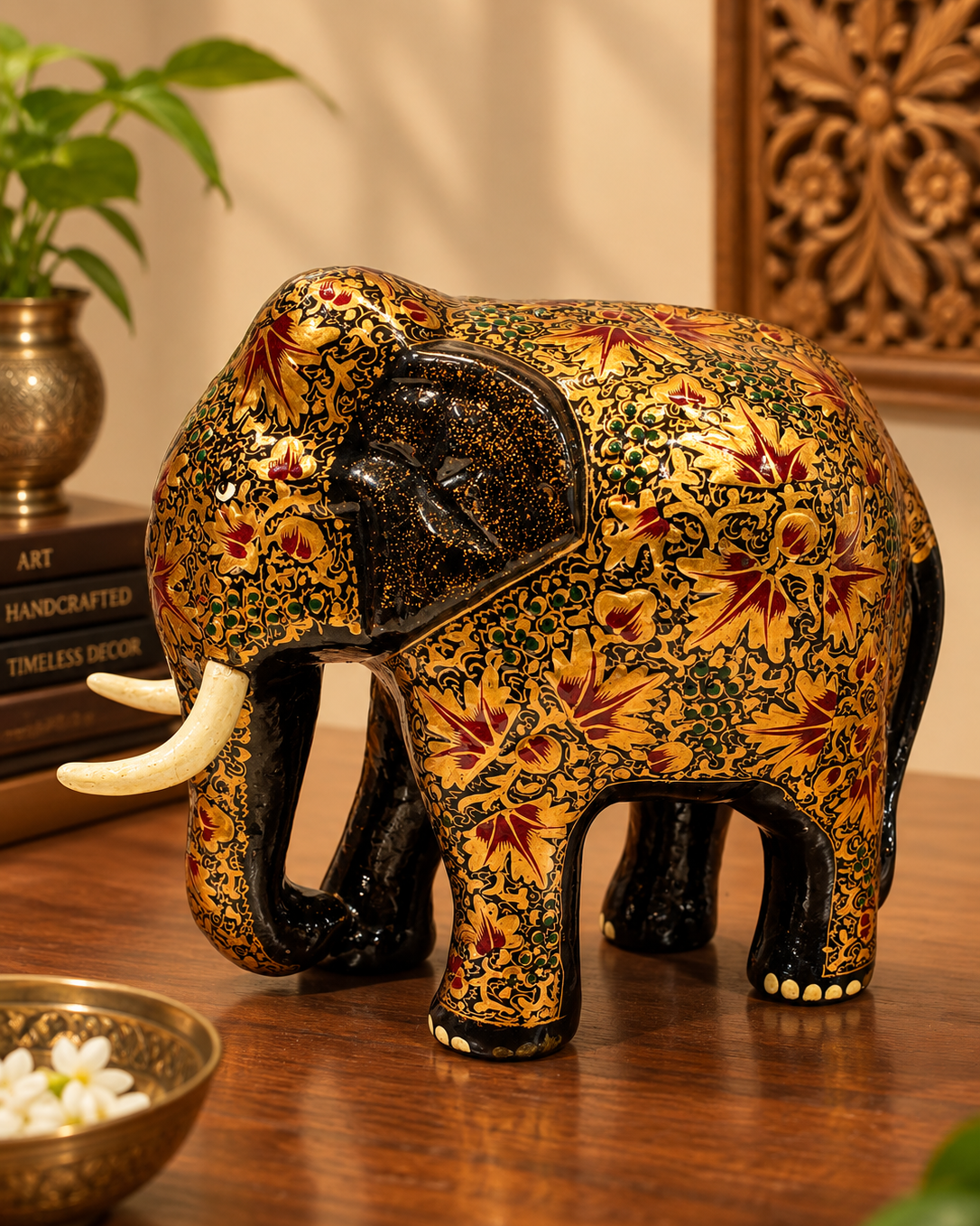 black-gold-tusked-chinar-handmade-kashmiri-paper-mache-elephant