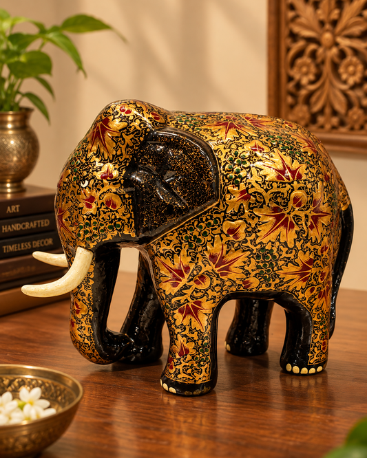 black-gold-tusked-chinar-handmade-kashmiri-paper-mache-elephant