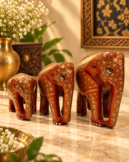 brown-gold-chinar-leaf-handmade-kashmiri-paper-mache-elephant-set-of-3