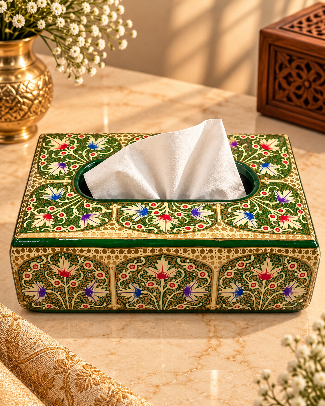 green-gold-panel-floral-handmade-kashmiri-paper-mache-tissue-box